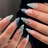 24pcs Long Almond Stiletto Fake Nails Press on Gradient Blue Nails Rhinestone Flower Pearl Design False Nail Wearable Manicure