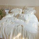 4Pcs Lace Ruffles Bow Wedding Bedding Set Pure Cotton Duvet Cover Set Double Layer Lace Quilted Bedspread Bed Sheet Pillowcases