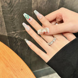 10pcs White Handmade Nails Tips Autumn Winter Aurora Snowflake Design Long Ballet Fake Nail Diamond Coffin Press on False Nails