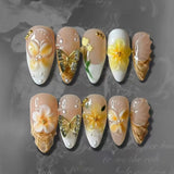 Almond Press on Fake Nails 3D Ripple Star False Nails Blue Smudge Detachable Full Cover Nails Tips 3D Shell Pearl Acrylic Nail