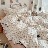 Korean Style Floral Ruffles Knitted Double Yarn Bedding Set Double King Queen Size Duvet Cover Flat/Fitted Bed Sheet Pillowcases