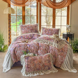100% Cotton Double-layer yarn Bedding Set Vintage Chic Flowers Wide Chiffon Ruffle Edge Duvet cover Bed Sheet Pillowcases 4Pcs