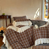 Vintage Plaid Flowers Lace Ruffles Bedding Set 100% Cotton Double Layer Yarn Duvet Cover Flat/Fitted Bed Sheet Pillowcases 4Pcs