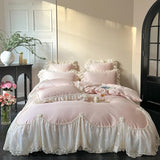 4Pcs Pink Chiffon Lace Princess Wedding Bedding Set Luxury 100% Cotton Duvet Cover Bed Sheet Or Quilted Bedspread Pillowcases