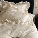 Vintage French Ruffle Lace Floral Embossed Jacquard Lyocell Cotton Bedding Set Duvet Cover Bed Sheet Pillowcases Queen King Size