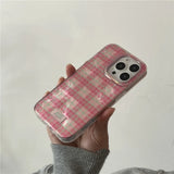 Cute Dopamine Color Block Match Plaid Clear Phone Case for iPhone 16 15 14 13 12 11 Pro Max 7 8 Plus X XS Pink Tartan Soft Cover