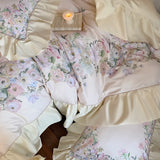 1000TC Egyptian Cotton French Ruffles Rose Print Bedding Set Duvet Cover, Bed Sheet, Pillowcases, With Elastic Band Bed Sheet