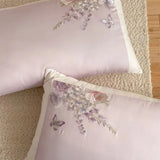 60S Egyptian Cotton Cute Cat Embroidery Purple Floral Butterfly Bedding Set Duvet Cover Bed Sheet/Fitted Sheet Pillowcases 3/4Pc