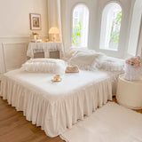 4/6Pcs White Pink 100% Cotton Princess Wedding Bedding Set Three Layers White Chiffon Lace Duvet Cover Set Bed Skirt Pillowcases