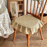 French Dining Chair Cushion Vintage Ruffled Strap Seat Cover Korean Style Floral Office Seat Cushion Removable and Washable