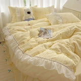 Fashion Lattice Bedding Set Bed Sheet Cute Princess AB Double Sided Ruffle Flower Quilt Cover Pillowcase Bedclothes Home Textile
