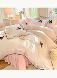 Korean Princess Style With Black Bow Lace Ruffles Pleat Milk Velvet Bedding Set Bedroom Decor Duvet Cover Bed Sheet Pillowcase