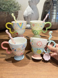 Hand-Painted Underglaze Cerc Mugs Cute Relief Design Birthday Gift for Women Couples Water Cups High Aesthetic Value