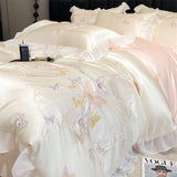 Luxury Bedding Set Butterfly Embroidery Lace Ruffles Ice Silky Soft Summer Bed Set Duvet Cover Set Bed Sheet Pillowcases 4Pcs