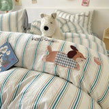 Cute Cartoon Embroidery Stripe Bedding Set Washed Cotton Soft Four Piece Sets Pillowcase Duvet Cover Set 200x230cm Home Textiles