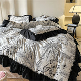 Washed Cotton Bedding Sets With Lace Black Printed Four Piece Set Bedroom Decor Duvet Cover Pillowcase Bedspread Bed Cover Sets