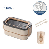 304 Stainless Steel Double Lunch Box with Cutlery 1400ML Portable Lunch Box Microwaveable Food Storage Box Thermo Bag Lunch Mug