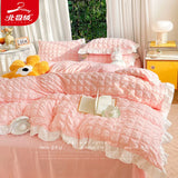 Luxury Seersucker Washed Cotton Bedding Set INS Girls Princess Bedding Set with Lace Solid color Bedclothes Sheets Pillowcase