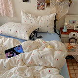 Ins Cherry Bedding Set Bow Tie Closure Duvet Cover Set Soft Flat Sheet Single Double Bed Sheet Set For Girls Bedroom