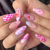 24pcs French Polka Dots Fake Nails Insect Long Almond Stick on Nail Set Check Tips False Nail Art Reusable Simple Press on Nails