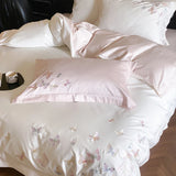 4Pcs White/Pink Luxury Butterfly Embroidery Bedding Set 1000TC Egyptian Cotton Duvet Cover Bed Sheet/Fitted Sheet Pillowcases