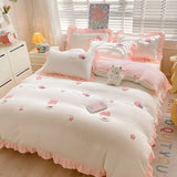 Kawaii Princess Bedding Set with White Ruffles Korean Style Girls Single Full Duvet Cover No Filling Flat Sheet Pillowcases Kit