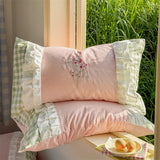 Korean Princess Style Double Layer Lace Flower Embroidery 100% Cotton Bedding Set Plaid Style Duvet Covers Bed Sheet Pillowcases