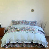 100% Cotton Korean Princess Style Rose Floral Plaid Ruffles Bedding Set Queen King Size Duvet Cover Bed Sheet Pillowcases 4Pcs