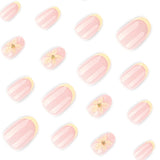 Short Round Head Press on False Nails Yellow French 3D Flower Fake Nail for Woman Reusable Finished Full Cover Nails Tips 24Pcs