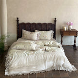 4Pcs Lyocell Soft Silky Cooling Vintage Lace Ruffles Floral Prints Bedding Set Duvet Cover Bed Sheet/Fitted Sheet Pillowcases
