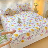Purple Flower Bed Sheets Single/Queen/King Size Fitted Bed Sheet with Elastic Band drap de lit High Quality Mattress Cover 180
