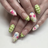 24pcs French Polka Dots Fake Nails Insect Long Almond Stick on Nail Set Check Tips False Nail Art Reusable Simple Press on Nails