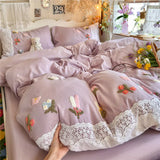 3/4Pcs Korean Princess Style Floral Embroidered Towel Bedding Set Single Queen King Size Duvet Cover Set Bed Sheet Pillowcases