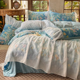 4Pcs French Princess Style Tencel Cotton Ice Silk Summer Cooling Comforter Set Blue Print Ruffle Bedding Set 1.5M Bedspread