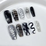 Black Coffin Handmade Press on False Nails Dark Style Irregular Pattern fake nails with Silver Lines Full Cover Acrylic Nail Tip