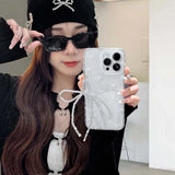 Simple white bow phone case stand holder cover for iphone 13 15promax 13pro 15 pro max 11 14 12  ins transparent bracelet capa