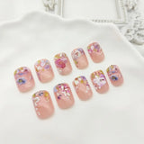 Square Press on Nails Medium Fake Nails with Flower Designs French Tip Nails Press ons Acrylic Nail Cute Spring Stick on Nail