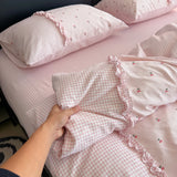 Korean Pink Gingham Bedding Sets With Cherry Cute Girls Striped Duvet Cover Wash Cotton Soft Bed Sheet Set Quilt Cover