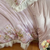 Flower Prints Ruffles Summer Cool Feeling Bedding Set 800TC Lyocell Soft Silky Duvet Cover Flat/Fitted Bed Sheet Pillowcase 4Pcs