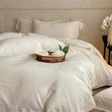 Vintage French Flowers Lace Ruffles Natural Cotton Linen Jacquard Bedding Set Duvet Cover Flat/Fitted Bed Sheet Pillowcases 4Pcs