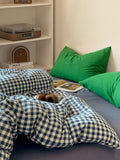 Retro Blue Cotton Quilt Cover Set Waed Plaid Bedding Four-Piece Set Pure Cotton eet Duvet Cover Bedding Accories