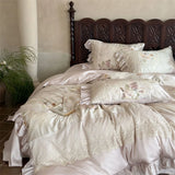 4Pcs Lyocell Soft Silky Cooling Vintage Lace Ruffles Floral Prints Bedding Set Duvet Cover Bed Sheet/Fitted Sheet Pillowcases