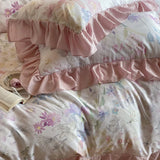 4Pcs Lyocell Soft Silky Cooling Summer Bedding Set Rose Floral Prints Ruffles Duvet Cover Set Bed Sheet/Fitted Sheet Pillowcases