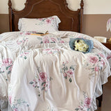 French Pastoral Style Rose Flowers Print Lace Bedding Set Single Queen King Size 100% Cotton Duvet Cover Bed Sheet Pillowcases