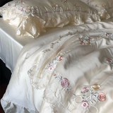 800TC Lyocell Bamboo Fiber Soft Silky Bedding Set Rose Floral Embroidery Lace Ruffles Duvet Cover Flat/Fitted Sheet Pillowcases