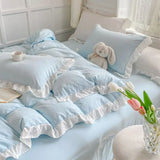 Korean Princess Style Duvet Cover Set No Filling Pink Blue Soft Washed Cotton Girls Favorite Ruffles Bed Linen Pillowcases