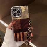 Ins Splicing Phone Case For iPhone 16e 15 14 13 12 11 Pro Max XR X XS 7 8 Plus Bracelet Chain Glitter Lens Film Shockproof Cover