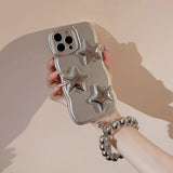 Korean 3D Puff Star Sliver Electroplated Phone Case with Bracelet Chain For iPhone 16 15 14 13 12 11 Pro Max Shockproof Cover