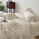 20% Linen And 80% Cotton Double Layer Lace Ruffles Vintage French Bedding Set Duvet Cover Flat/Fitted Bed Sheet Pillowcases 4Pcs