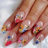 Square Press on Nails Medium Fake Nails with Flower Designs French Tip Nails Press ons Acrylic Nail Cute Spring Stick on Nail